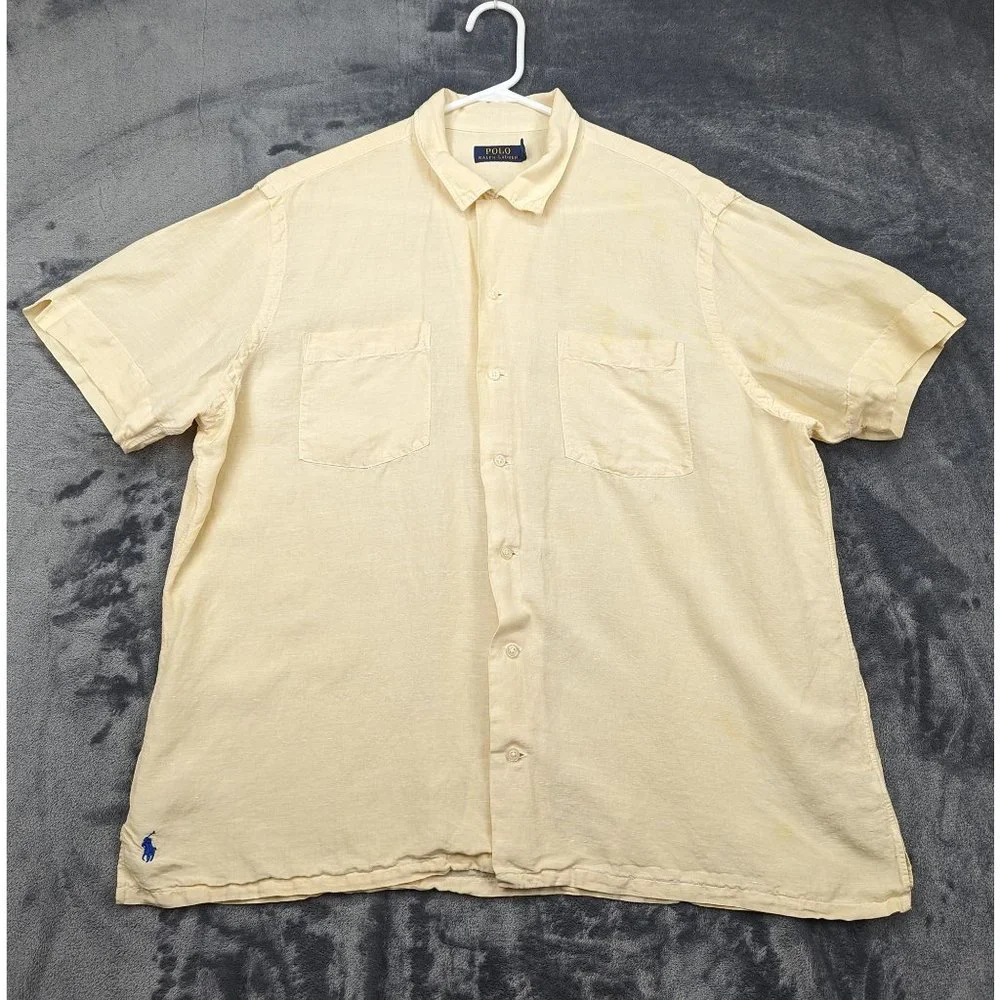 Polo Ralph Lauren Shirt Mens XL Silk Linen Blend Short Sleeve Button Up Yellow - Picture 1 of 16